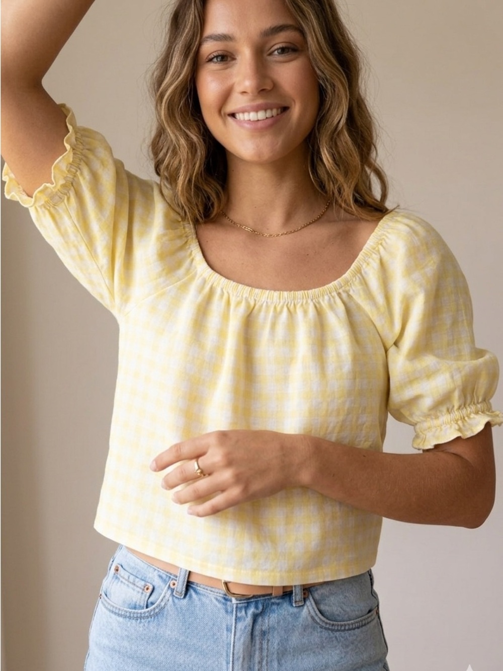 RW&CO. Yellow Gingham Cropped Puff Sleeve Top